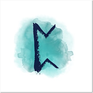 Rune Perth On Shiny Blue Watercolor (Runes and Watercolors) Posters and Art